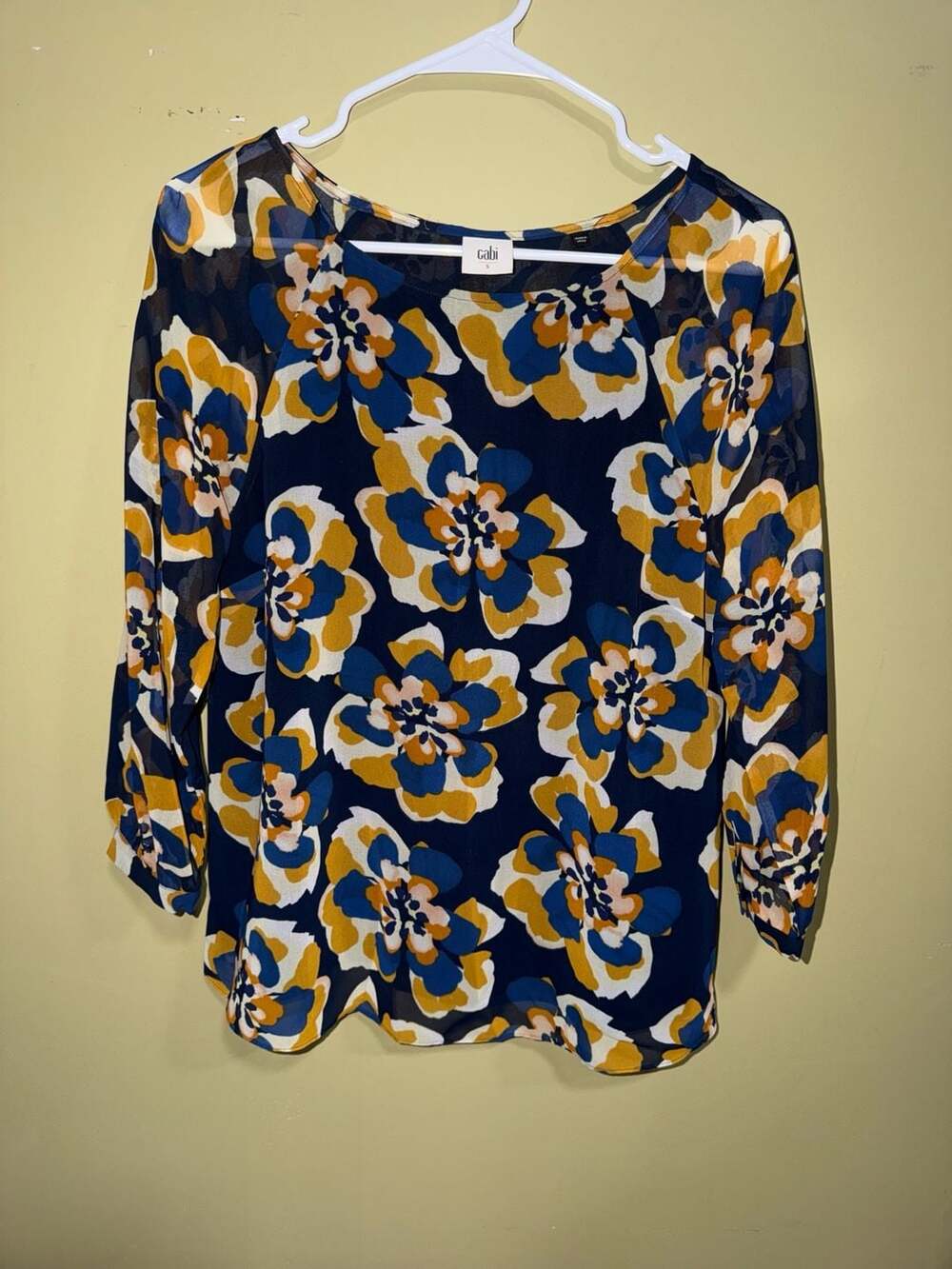 Cabi Women's Blue Yellow Floral Chiffon Lydia Blouse Top